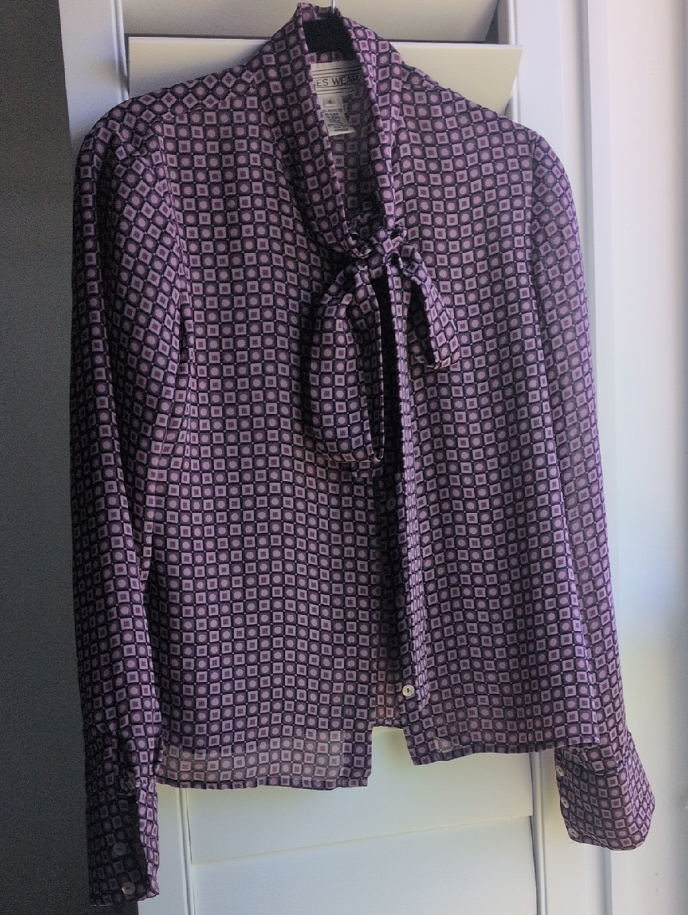 Jones Wear Purple Geometric Tie-Neck Blouse